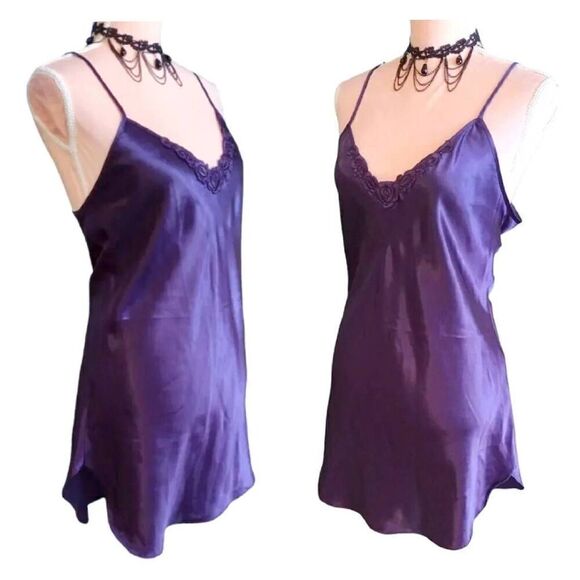 Vintage 80s Purple Satin Floral Applique Chemise Mini Slip Dress Medium - Picture 6 of 16